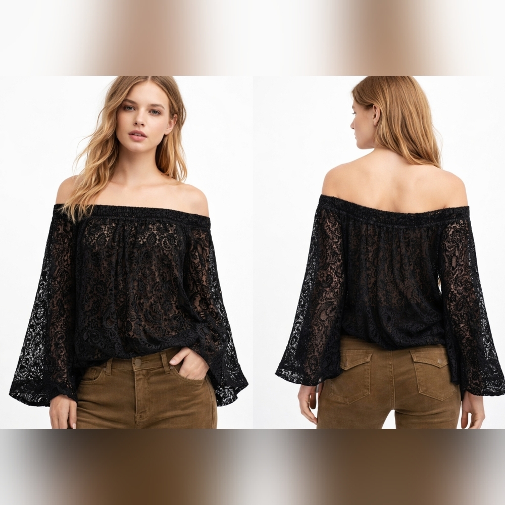 Nwt Free People We The Free Ginger Berry Off the Shoulder Top Velvet Sheer Black